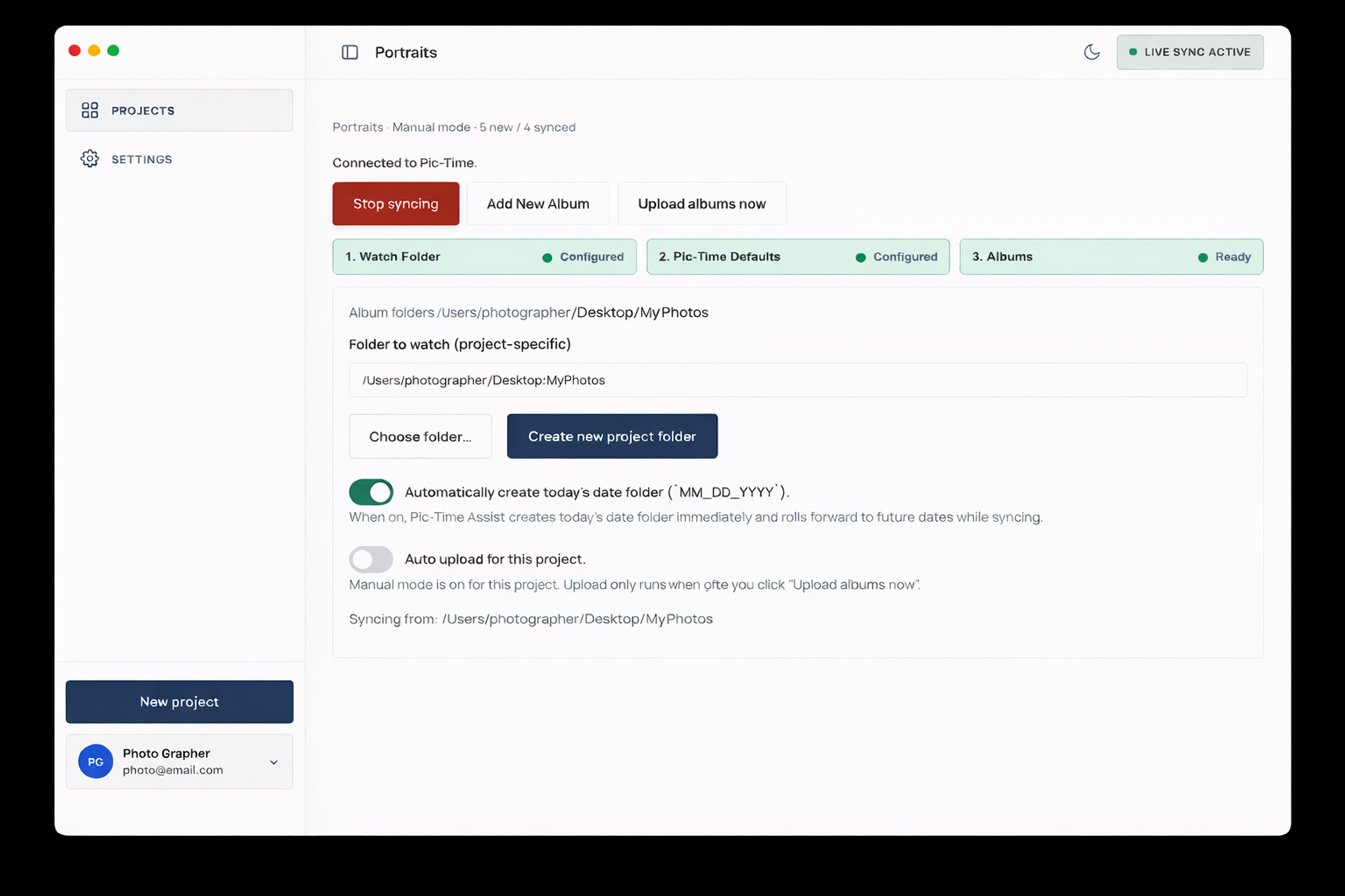 Pic-Time Assist project workspace with watch folder, sync controls, and live sync.